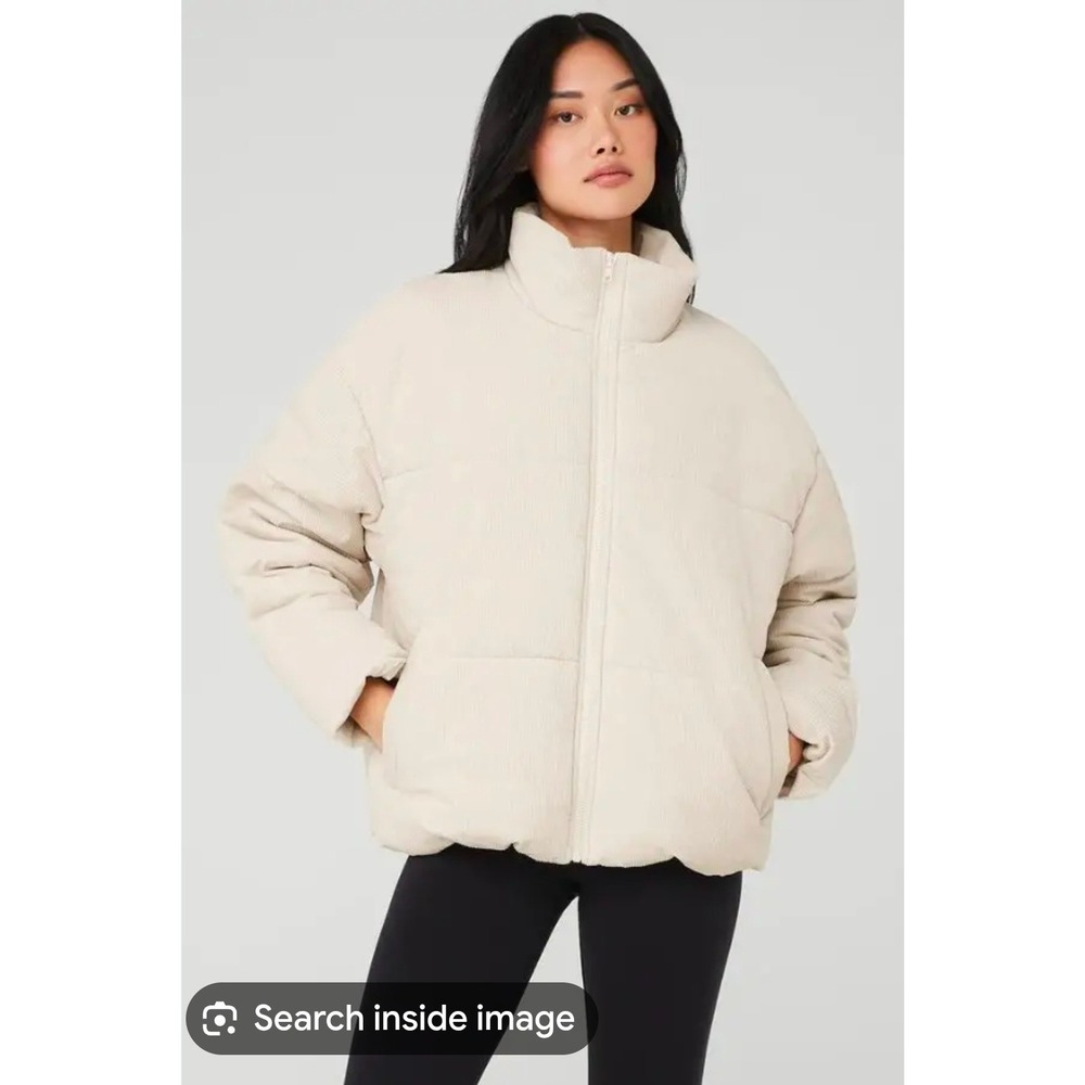 Alo Yoga Corduroy Puffer Jacket Bone White Cream Quilted Mock Neck Coat Small
